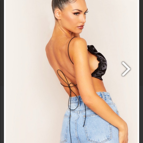 MISSY EMPIRE Lucy Black Satin Ruched Side Cross Strap Crop Top - Picture 2 of 3